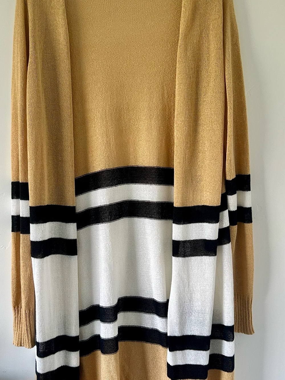 DOE & RAE Striped Open Cardigan in Camel, Black & White